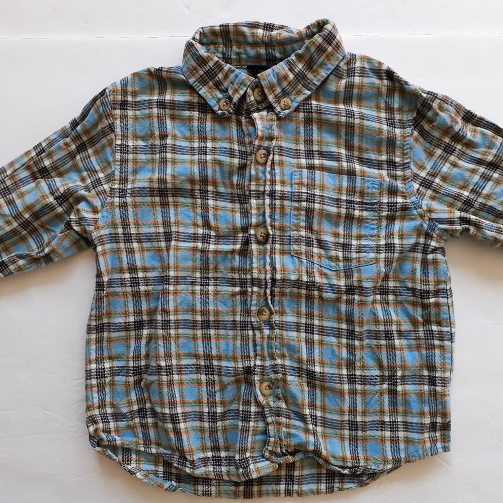 Cherokee Boys Shirt Button Down Blue Orange Flannel Plaid Long Sleeve 3T
